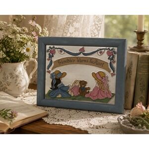 Vintage 1992 Hand Painted Tin Punched Girls Rabbit Bear Picture Signed Framed